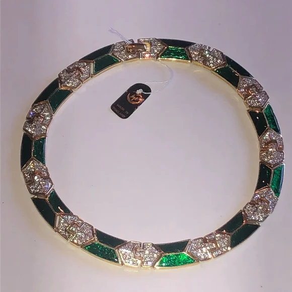 Angel Brand Signed Green Enamel CZ Rhinestone Gold Tone Chunky Vintage Necklace - Picture 2 of 9